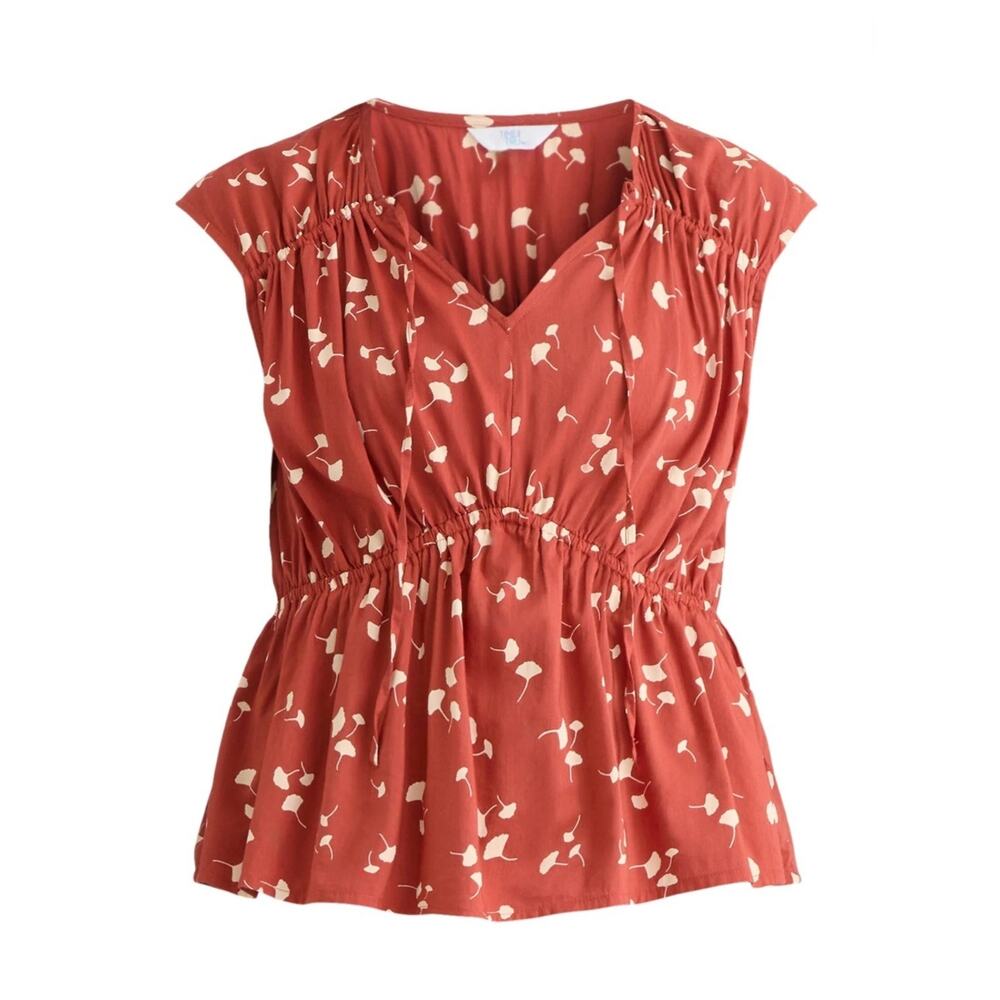 NWT Time and Tru Spade Neck Blouse Women's XS Rusty Bronze Ginkgo Leaf Pattern